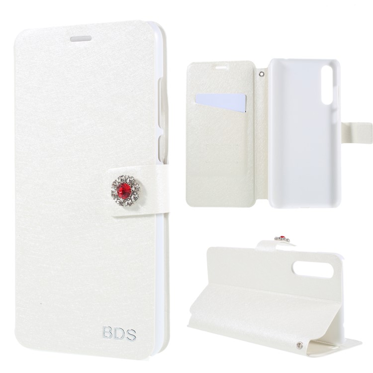 Rhinestone Decoration Silk Texture PU Leather Stand Card Holder Mobile Phone Case for Huawei P20 - White-1