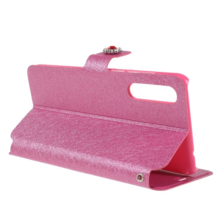 Rhinestone Decoration Silk Texture PU Leather Stand Card Holder Mobile Phone Cover for Huawei P20 - Rose-5