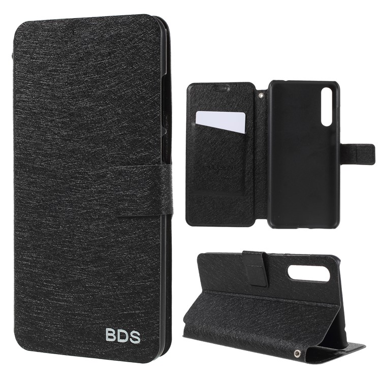 Silk Texture PU Leather Stand Card Holder Casing Cover for Huawei P20 Pro - Black-1