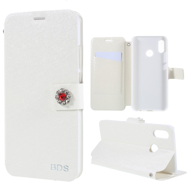 Rhinestone Decoration Silk Texture PU Leather Stand Card Holder Mobile Phone Case for Huawei P20 Lite/Nova 3e - White-1