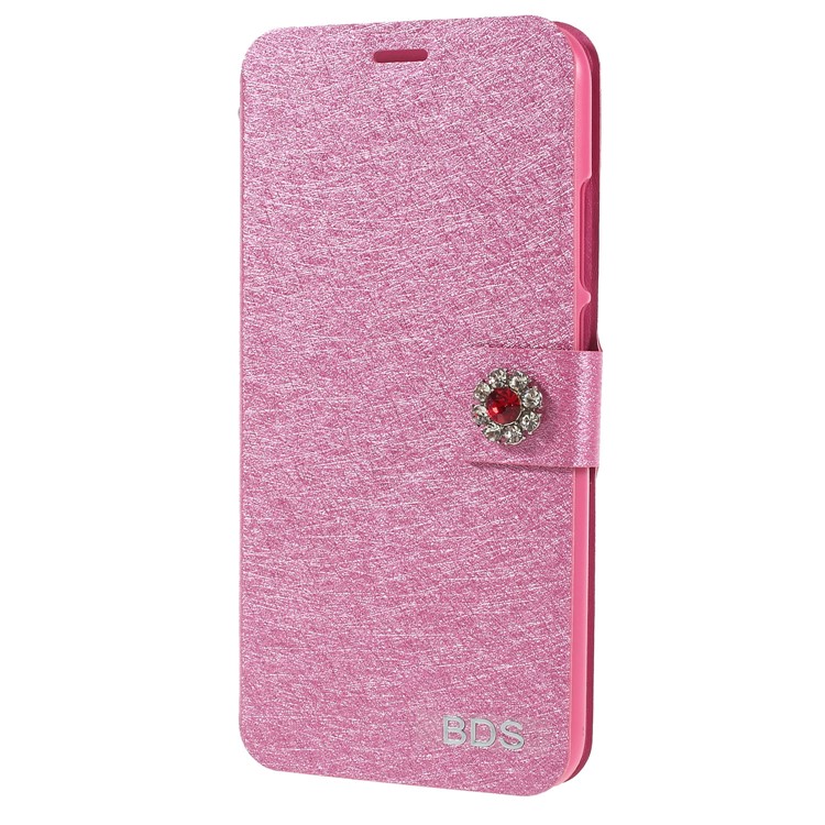Rhinestone Decoration Silk Texture PU Leather Stand Card Holder Mobile Phone Cover for Huawei P20 Lite/Nova 3e - Rose-1