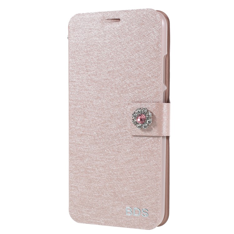 Rhinestone Decoration Silk Texture PU Leather Stand Card Holder Mobile Phone Casing for Huawei P20 Lite/Nova 3e - Rose Gold-1