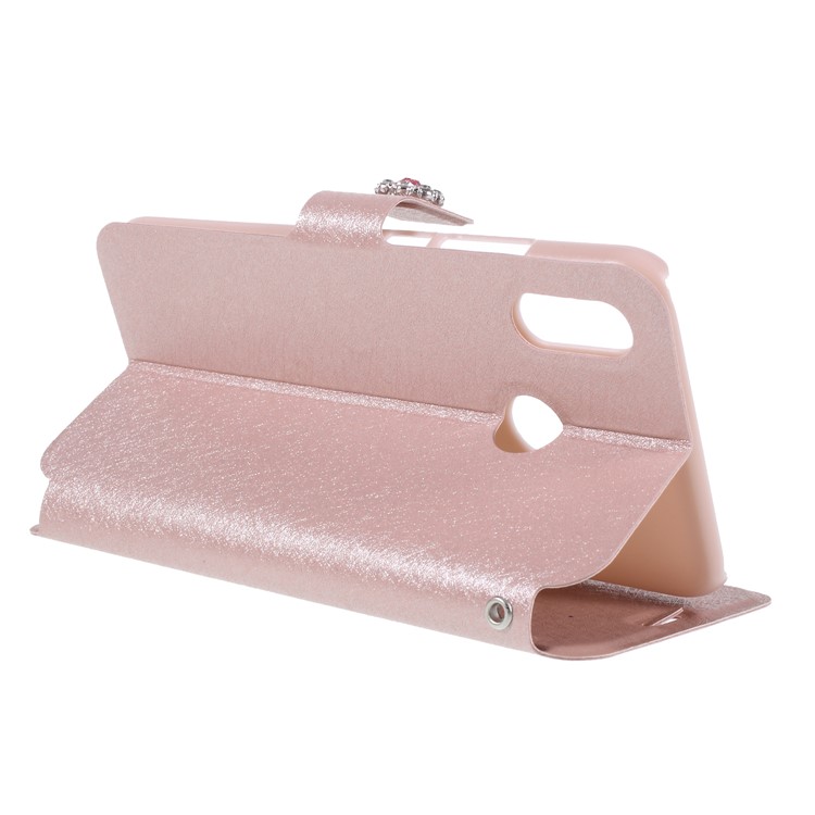 Rhinestone Decoration Silk Texture PU Leather Stand Card Holder Mobile Phone Casing for Huawei P20 Lite/Nova 3e - Rose Gold-5