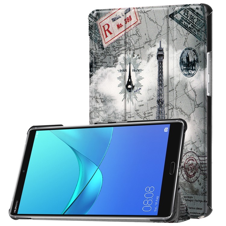 For Huawei MediaPad M5 8 Pattern Printing Leather Tri-fold Stand Tablet Cover - Eiffel Tower and Map-1