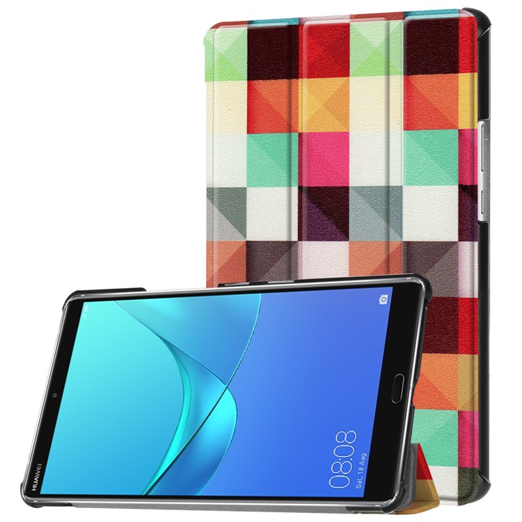 For Huawei MediaPad M5 8 Pattern Printing PU Leather Tri-fold Tablet Casing with Stand - Colorful Grids-1
