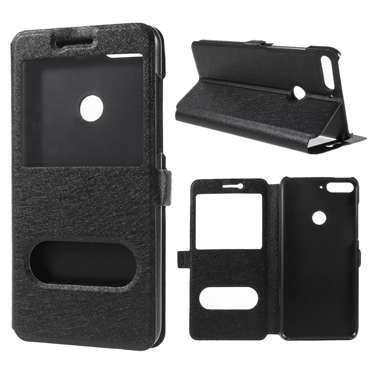 Silk Texture Dual View Window Leather Cover for Huawei Huawei Enjoy 8/Enjoy 8 - Black-1