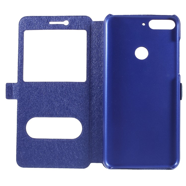 Silk Texture Dual View Window Leather Mobile Phone Cover for Huawei Honor 7C/Enjoy 8 - Blue-6