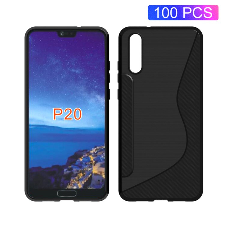 100Pcs/Set S Shape Carbon Fiber Brushed TPU Case for Huawei P20 - Black-1