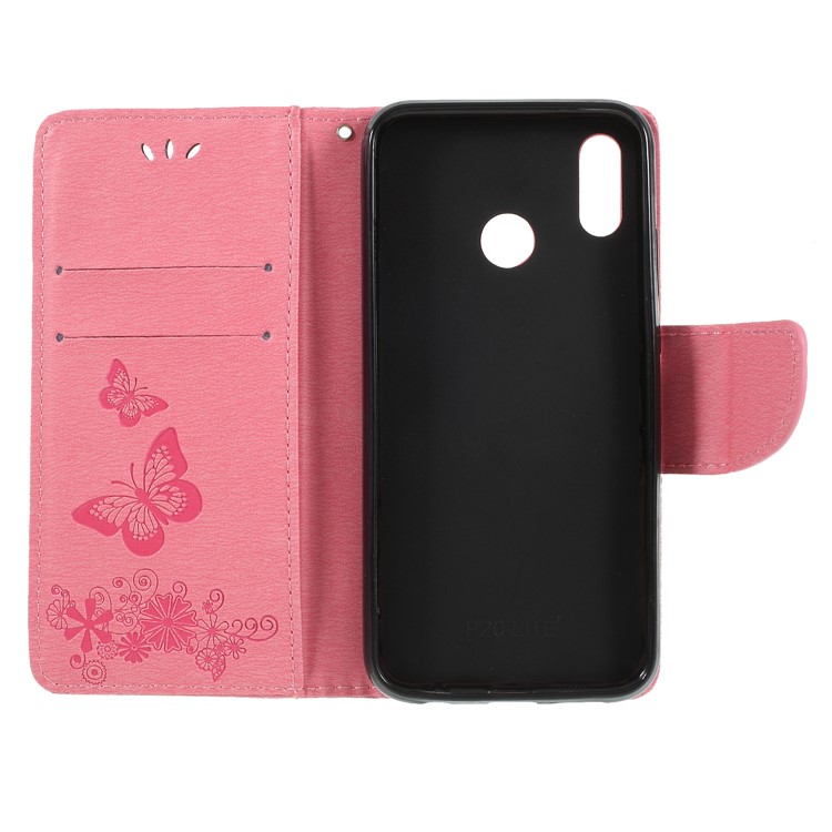 Imprint Butterfly Flower Stand Magnetic Flip Leather Cover Case for Huawei P20 Lite / Nova 3e - Pink-6