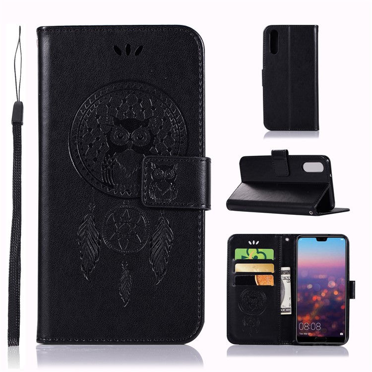 Imprint Owl Dream Catcher Wallet Stand Leather Case for Huawei P20 - Black-1