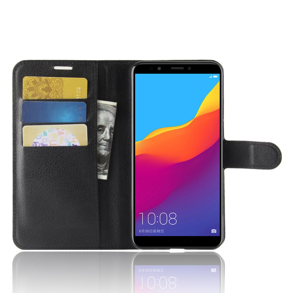 Litchi Skin Wallet Leather Stand Case for Huawei Y7 Prime (2018) / Honor 7C / Enjoy 8 - Black-4