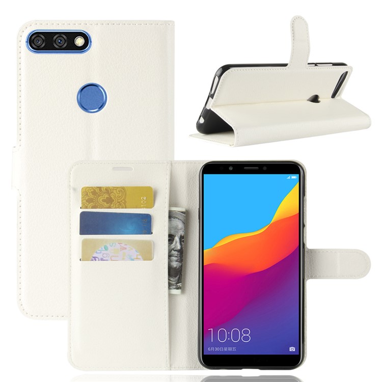 Litchi Skin Wallet Leather Stand Cover for Huawei Y7 Prime (2018) / Honor 7C / Enjoy 8 - White-1