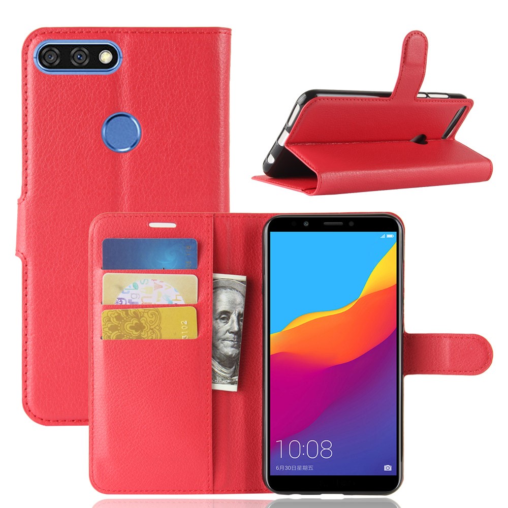 Litchi Skin Wallet Leather Magnetic Case for Huawei Y7 Prime (2018) / Honor 7C / Enjoy 8 - Red-1