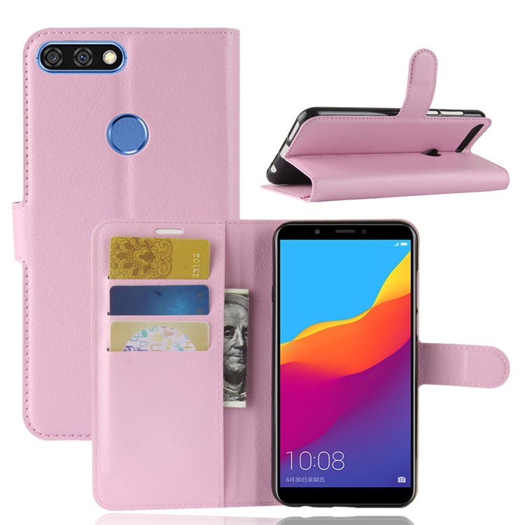 Litchi Skin Magnetic Leather Stand Case for Huawei Y7 Prime (2018) / Honor 7C / Enjoy 8 - Pink-1