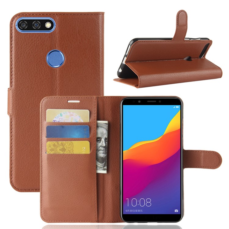 Litchi Skin Leather Stand Cover with Card Slots for Huawei Honor 7C / Enjoy 8 /Y7 Prime (2018) - Brown-1