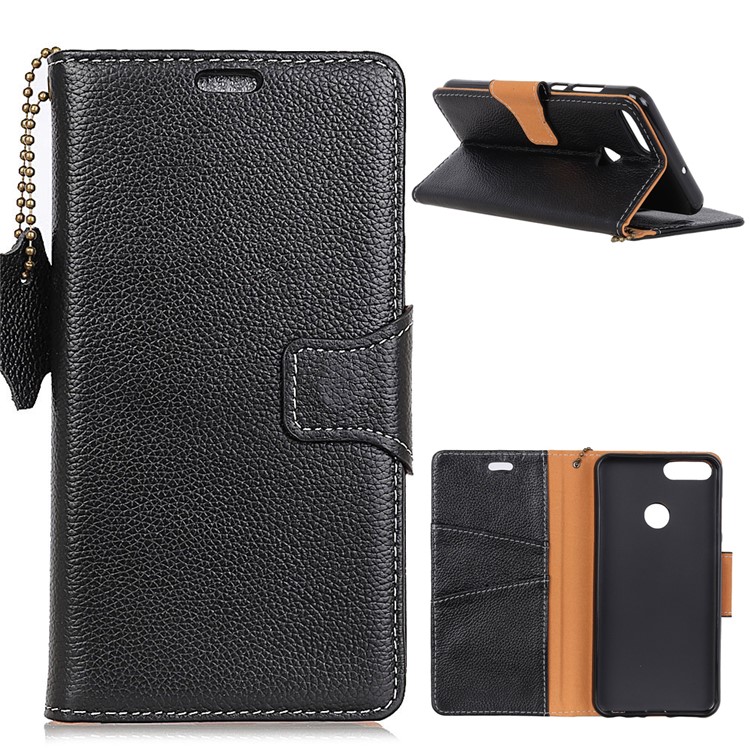MURREN Litchi Skin Genuine Leather Wallet Case for Huawei Y9 (2018) / Enjoy 8 Plus - Black-1
