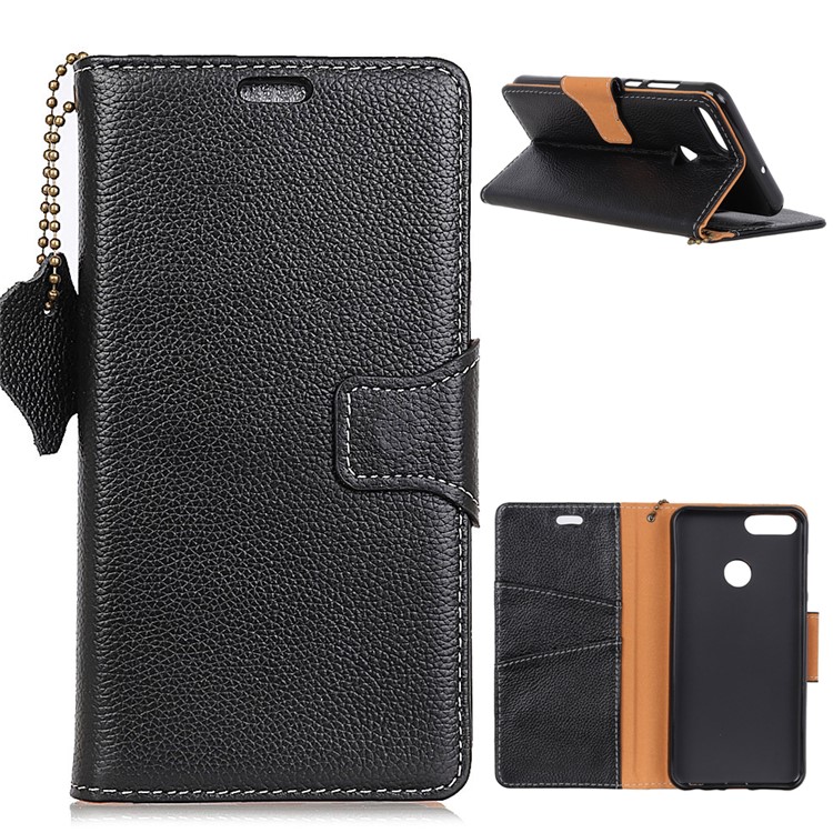 Litchi Grain Genuine Leather Wallet Stand Case for Huawei Honor 7C/Enjoy 8 /Y7 Prime (2018) - Black-1