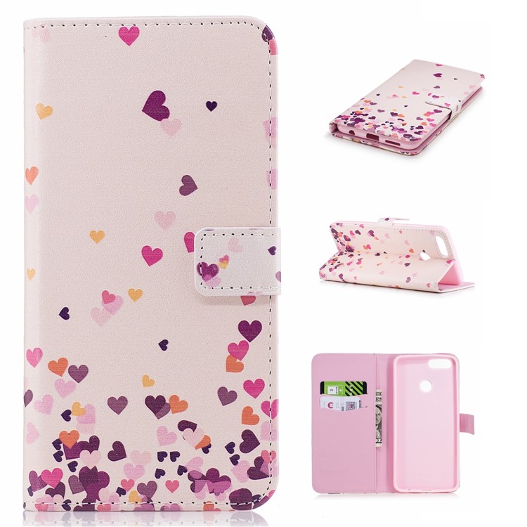 For Huawei Honor 7X Embossed Leather Folio Accessory Case with Card Slots - Hearts-1