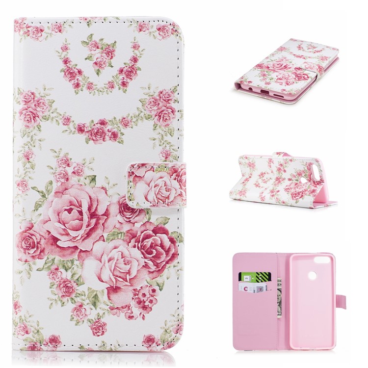 For Huawei Honor 7X Embossed PU Leather Stand Phone Cover Shell with Card Slots - Beautiful Roses-1