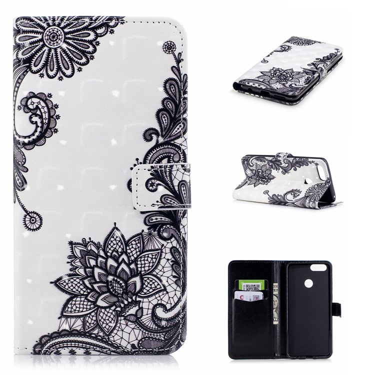 Light Spot Decor Patterned Wallet Leather Stand Shell for Huawei Honor 7X - Black Flowers-1