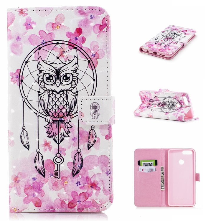 Light Spot Decor Patterned Leather Stand Phone Case for Huawei Honor 7X - Owl on Dream Catcher-1