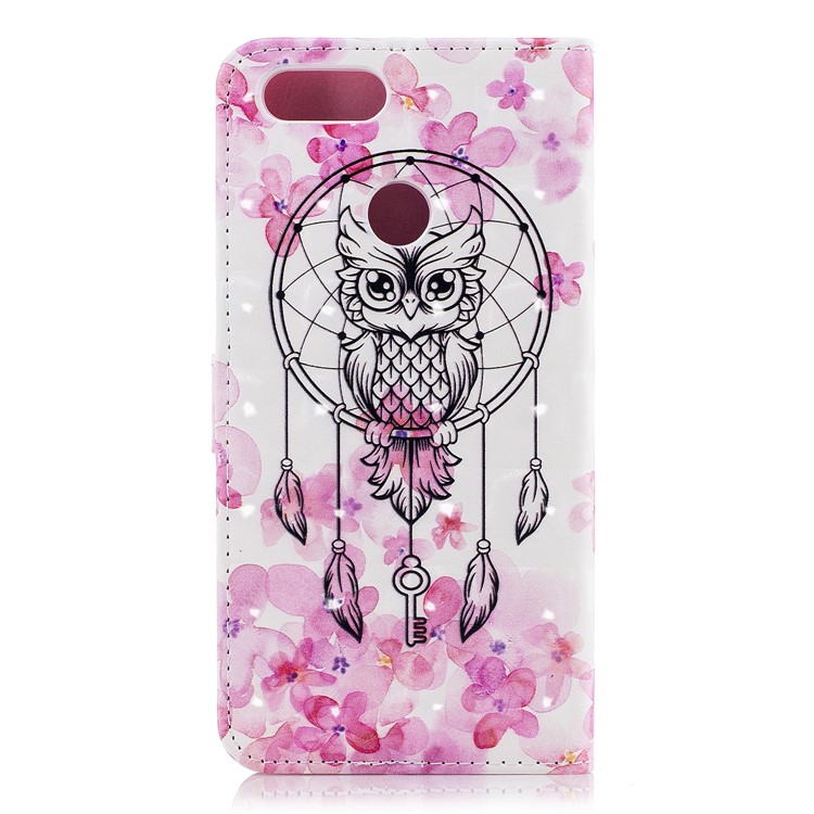 Light Spot Decor Patterned Leather Stand Phone Case for Huawei Honor 7X - Owl on Dream Catcher-3
