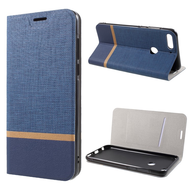 For Huawei Honor 7C / Enjoy 8 Cross Pattern Bi-color Card Slot Leather Case Accessory - Blue-1