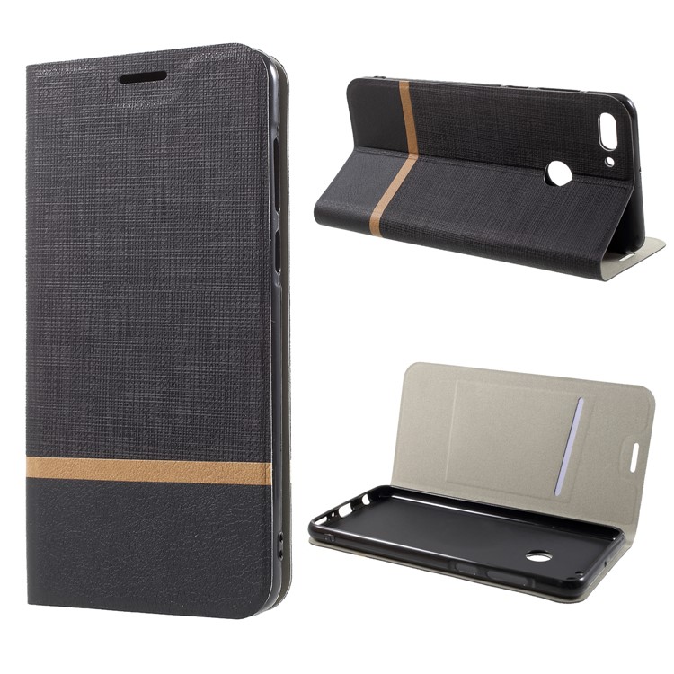 Cross Texture Contrast Color Stand Leather Phone Case for Huawei Y9 (2018)/ Enjoy 8 Plus - Black-1