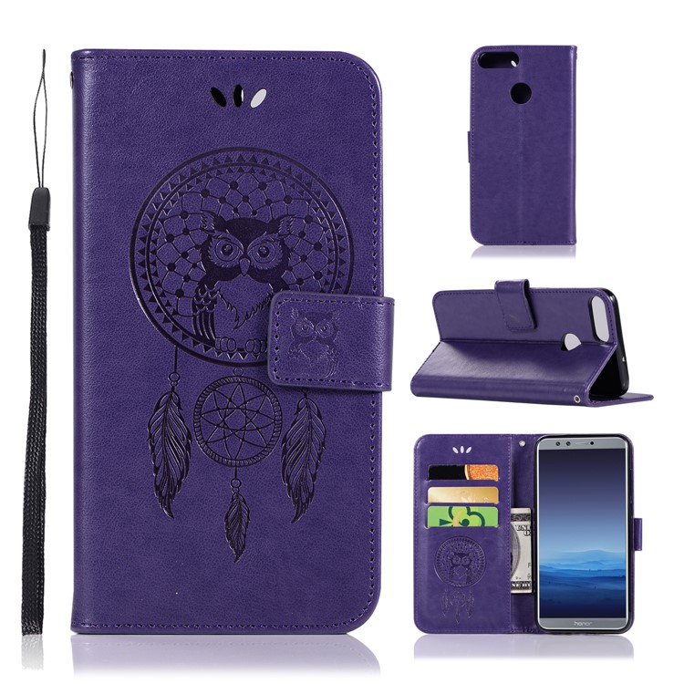 Imprint Dream Catcher Owl Magnetic Wallet PU Leather Stand Protective Cover for Huawei Honor 9 Lite/Honor 9 Youth Edition - Purple-1