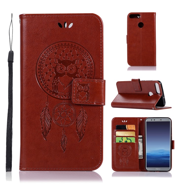 Imprint Dream Catcher Owl Magnetic Wallet PU Leather Stand Protective Shell for Huawei Honor 9 Lite/Honor 9 Youth Edition - Brown-1