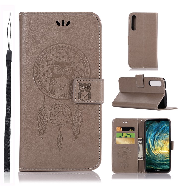 Imprint Owl Dream Catcher Wallet Leather Stand Cover for Huawei P20 Pro - Grey-1