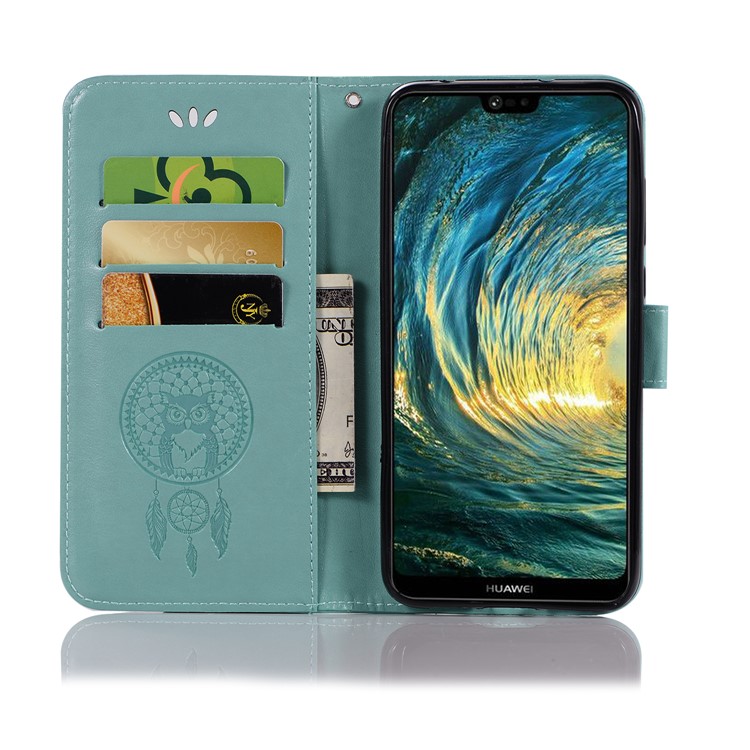 Imprint Owl Dream Catcher Wallet Leather Phone Cover for Huawei P20 Pro - Cyan-4