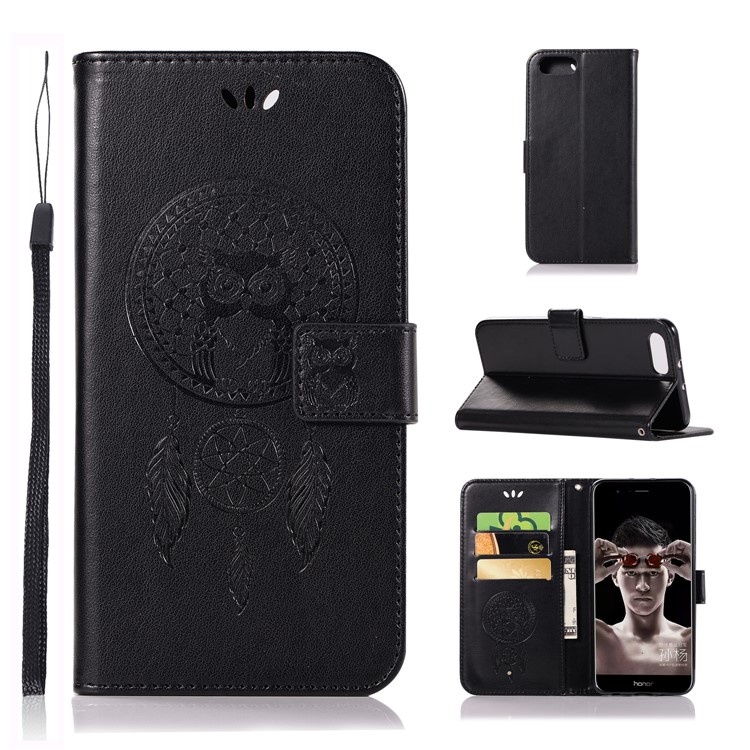 Imprint Owl Dream Catcher Wallet Leather Case for Huawei Honor V10/View 10 - Black-1