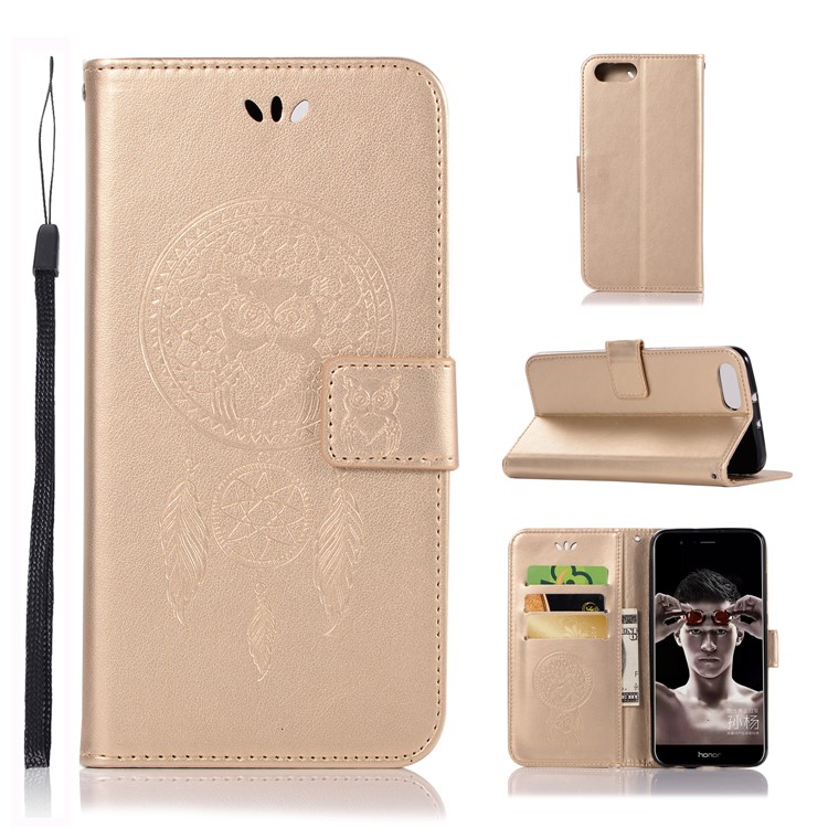 Imprint Owl Dream Catcher Wallet Leather Mobile Case for Huawei Honor V10/View 10 - Gold-1