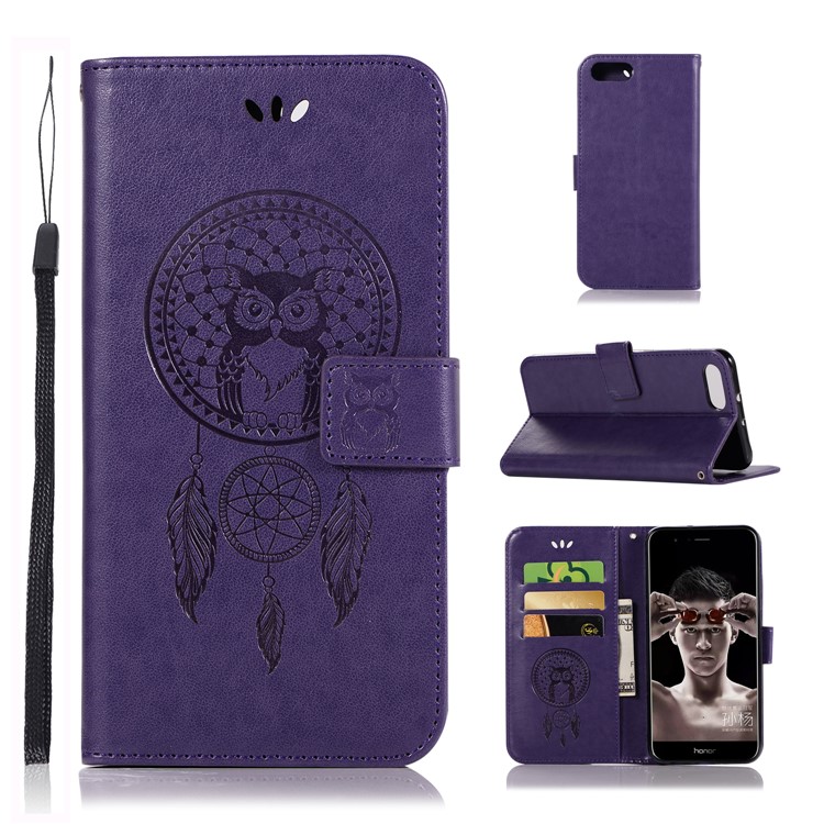 Imprint Owl Dream Catcher Wallet Leather Mobile Casing for Huawei Honor V10/View 10 - Purple-1