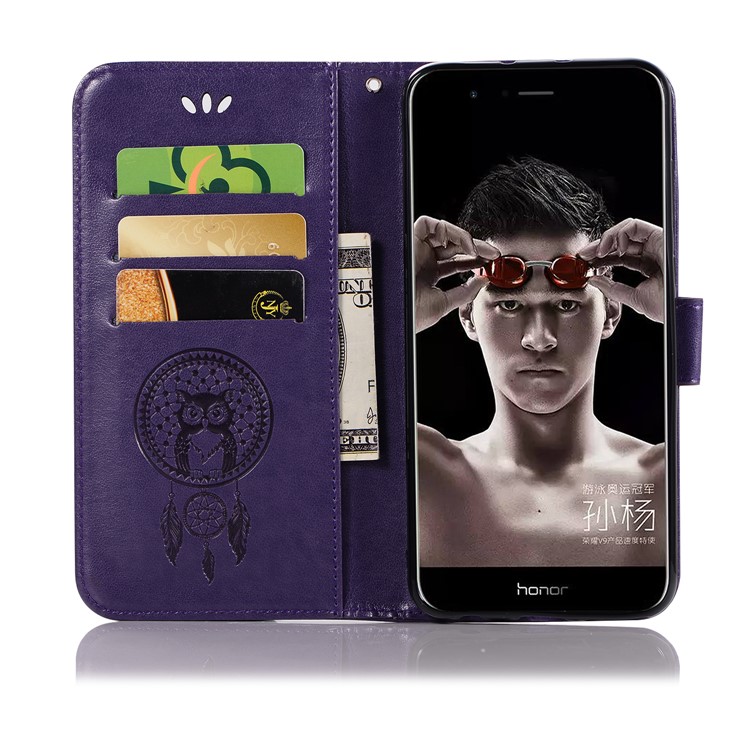 Imprint Owl Dream Catcher Wallet Leather Mobile Casing for Huawei Honor V10/View 10 - Purple-4