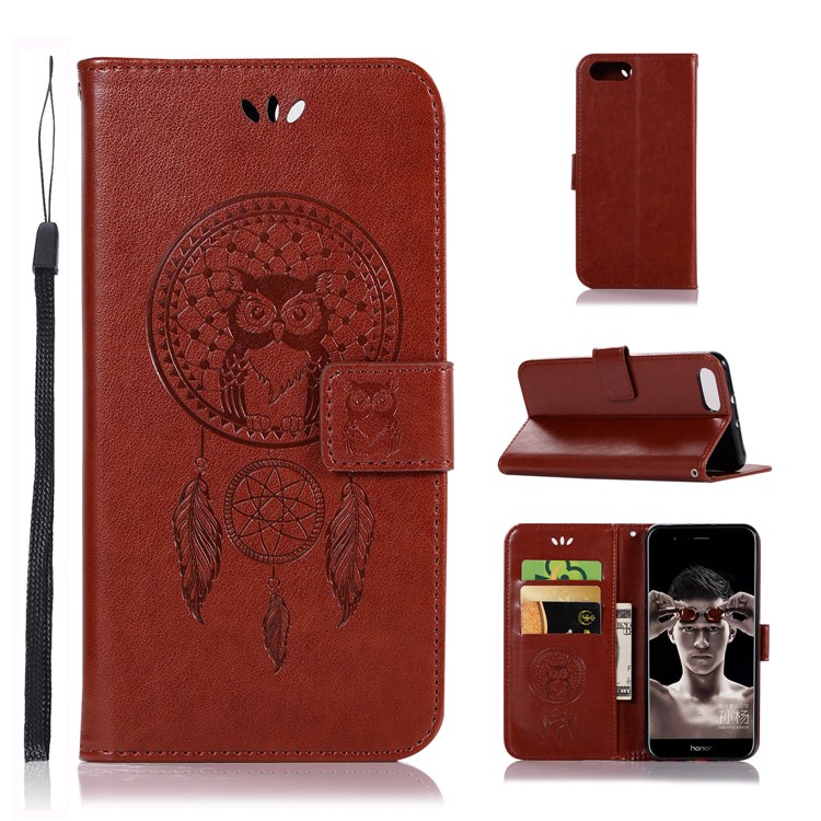 Imprint Owl Dream Catcher Wallet Leather Protector Cover for Huawei Honor V10/View 10 - Brown-1