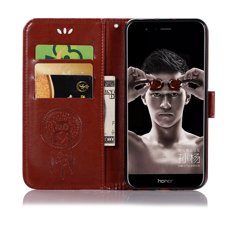 Imprint Owl Dream Catcher Wallet Leather Protector Cover for Huawei Honor V10/View 10 - Brown-4