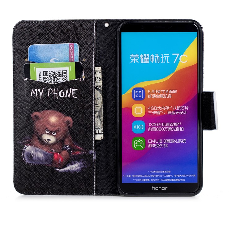 Pattern Printing Leather Card Holder Protection Flip Case for Huawei Honor 7C/Enjoy 8 /Y7 Prime (2018) - Brown Bear-8