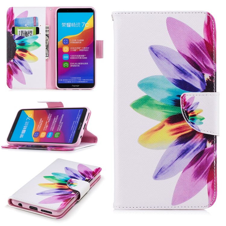 Pattern Printing Wallet Leather Stand Cover for Huawei Honor 7C/Enjoy 8 /Y7 Prime (2018) - Colorful Petals-1