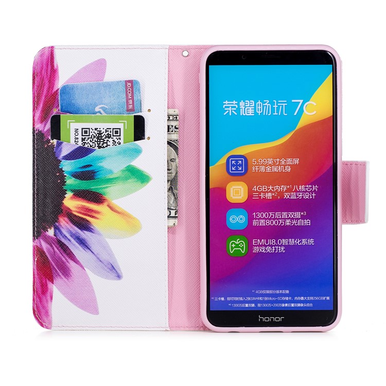 Pattern Printing Wallet Leather Stand Cover for Huawei Honor 7C/Enjoy 8 /Y7 Prime (2018) - Colorful Petals-8