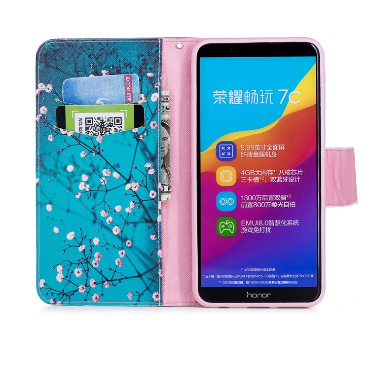 Pattern Printing Wallet Leather Stand Case for Huawei Y7 Prime (2018)/ Honor 7C/Enjoy 8 - Tree with Flowers-8