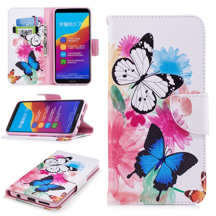 Pattern Printing Stand Leather Wallet Phone Cover Case for Huawei Y7 Prime (2018)/ Honor 7C/Enjoy 8 - Vivid Butterflies-1