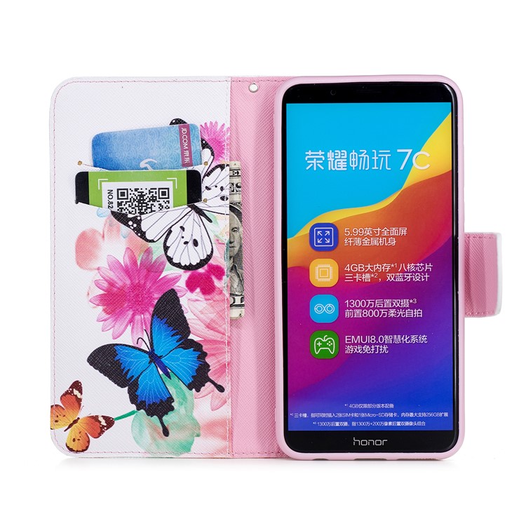 Pattern Printing Stand Leather Wallet Phone Cover Case for Huawei Y7 Prime (2018)/ Honor 7C/Enjoy 8 - Vivid Butterflies-8
