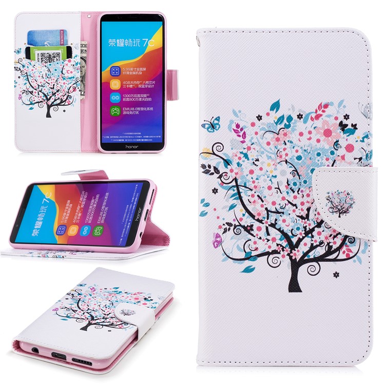 Pattern Printing Folio Leather Wallet Mobile Case Accessory for Huawei Y7 Prime (2018)/ Honor 7C/Enjoy 8 - Flowered Tree-1