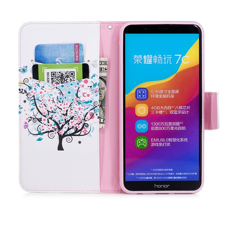 Pattern Printing Folio Leather Wallet Mobile Case Accessory for Huawei Y7 Prime (2018)/ Honor 7C/Enjoy 8 - Flowered Tree-8