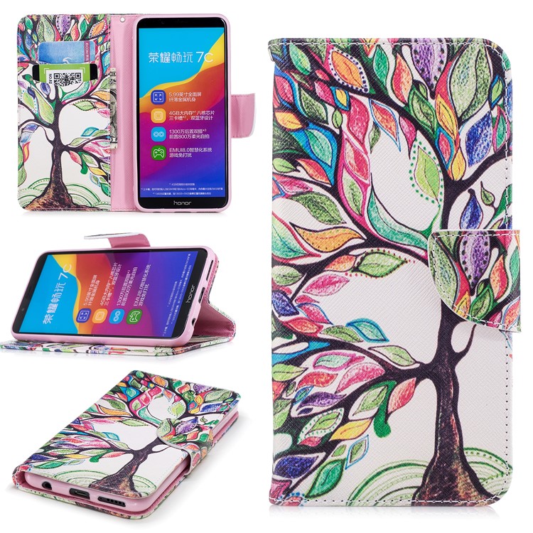 For Huawei Y7 Prime (2018)/ Honor 7C/Enjoy 8 Pattern Printing PU Leather Wallet Stand Mobile Phone Case - Colorized Tree-1