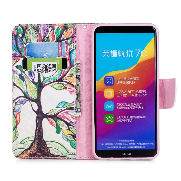 For Huawei Y7 Prime (2018)/ Honor 7C/Enjoy 8 Pattern Printing PU Leather Wallet Stand Mobile Phone Case - Colorized Tree-8
