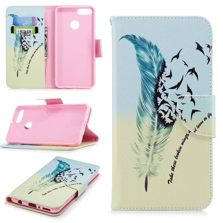 Pattern Printing Leather Wallet Cover for Huawei Y9 (2018) / Enjoy 8 Plus - Feather Pattern-1
