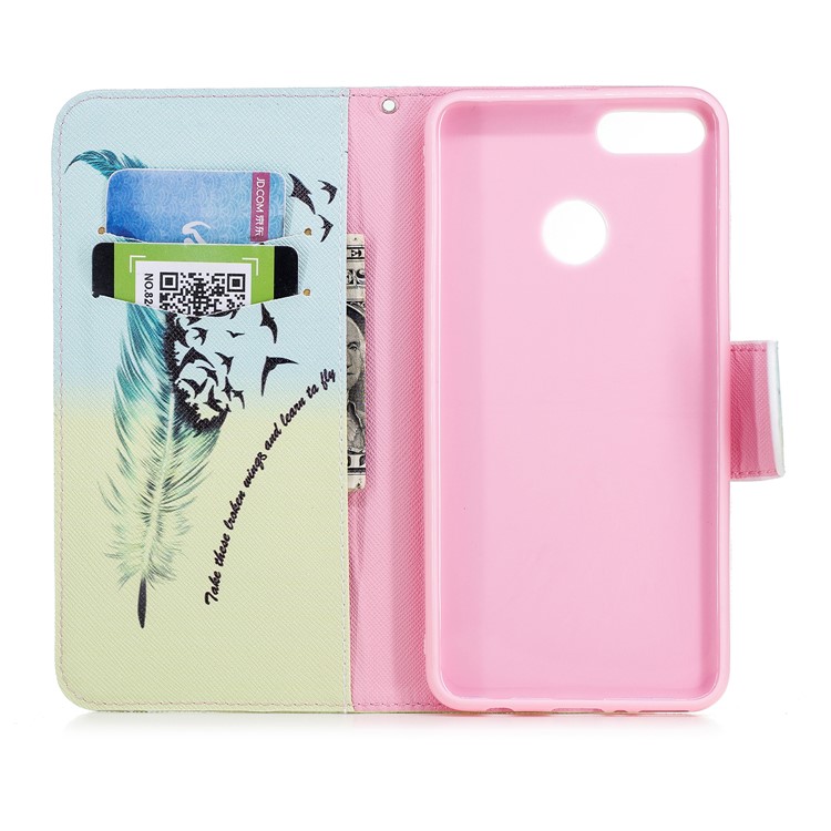 Pattern Printing Leather Wallet Cover for Huawei Y9 (2018) / Enjoy 8 Plus - Feather Pattern-8